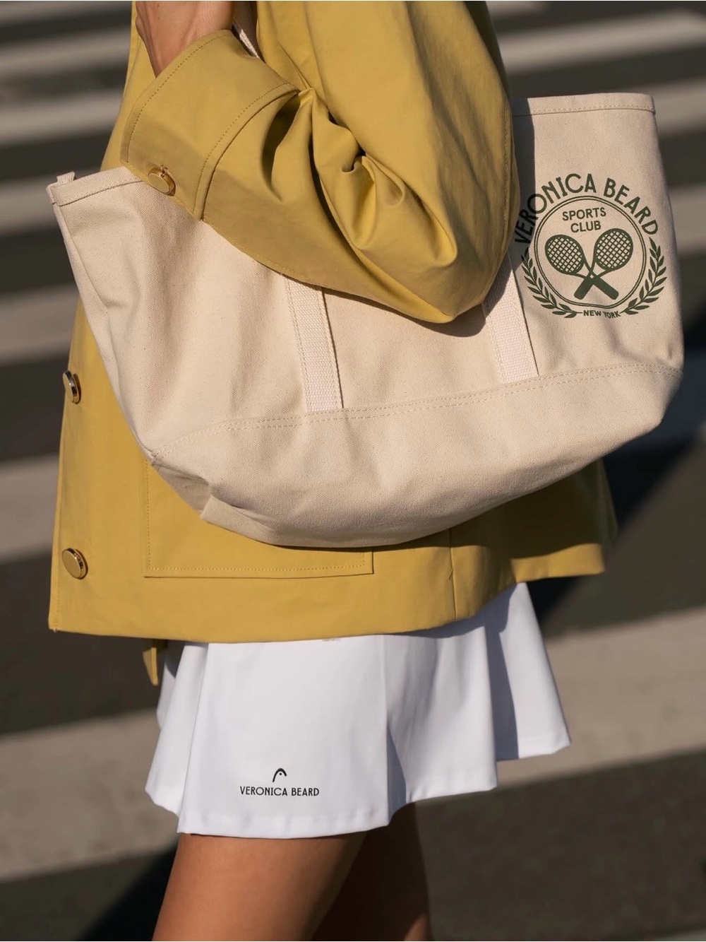 Veronica Beard Natural Canvas Tote with Green Sports Logo